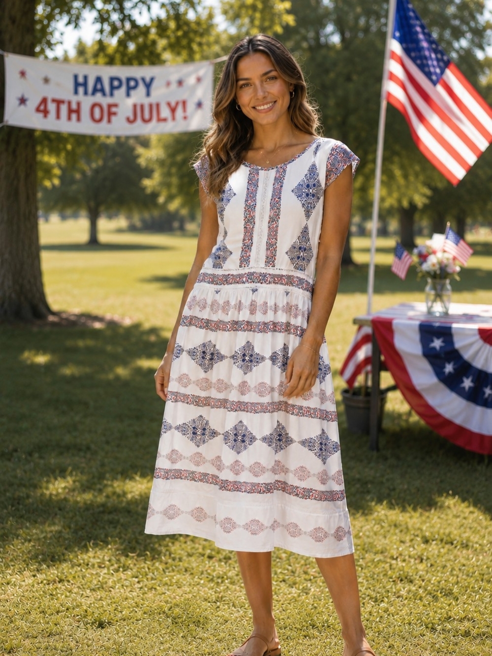 LOFT White Midi Dress with Blue & Red Geometric Print